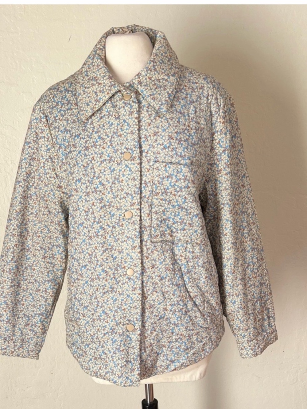 Mango Quilted Floral Jacket - Blue/Cream/Tan